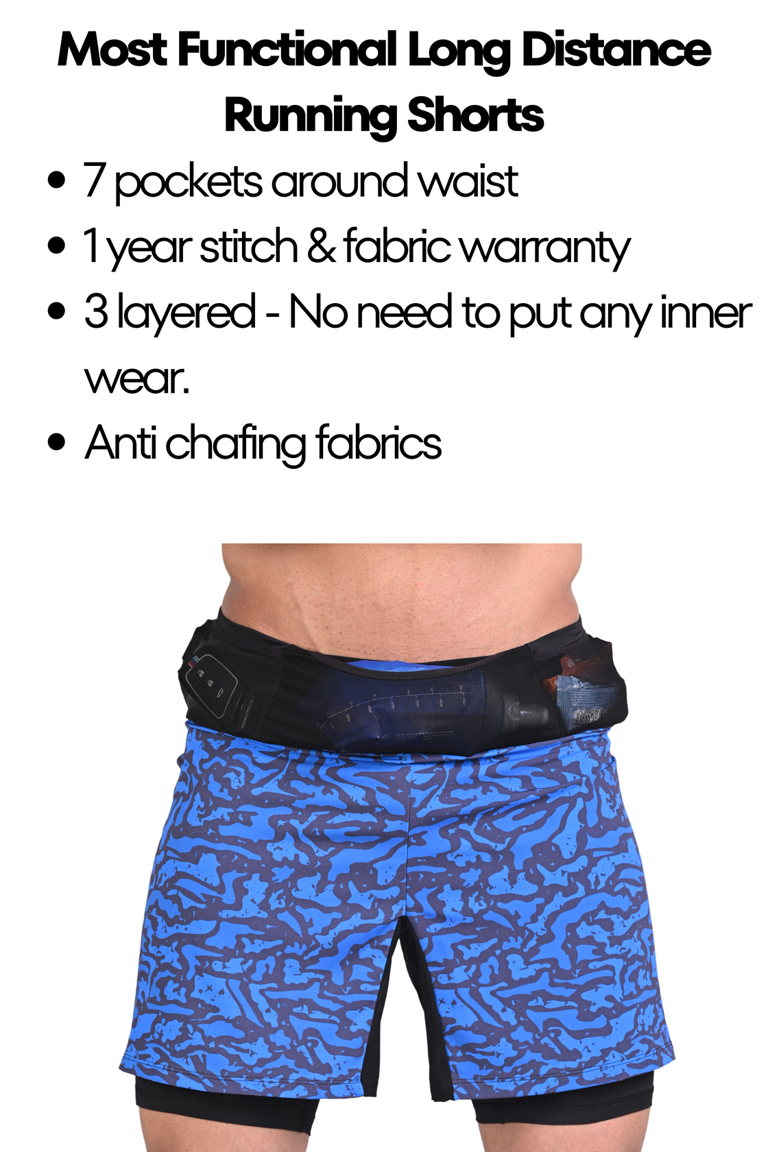 Long Distance Running Shorts - 7 Pockets, 3 Layered - Blue