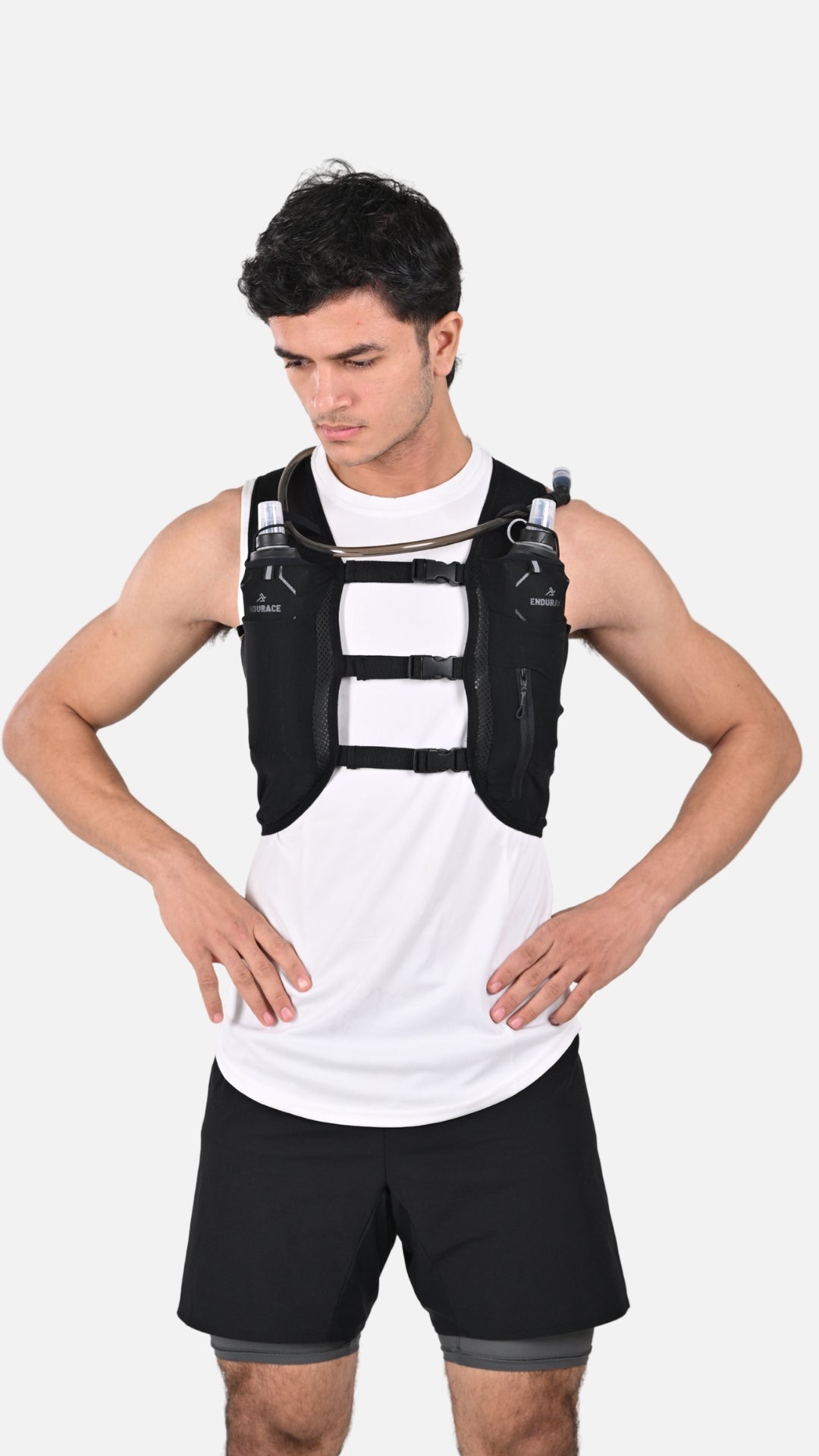 Unisex 8 Litres Black Hydration Vest (With 2x500ML Soft Flasks + 1x2L Reservoir)
