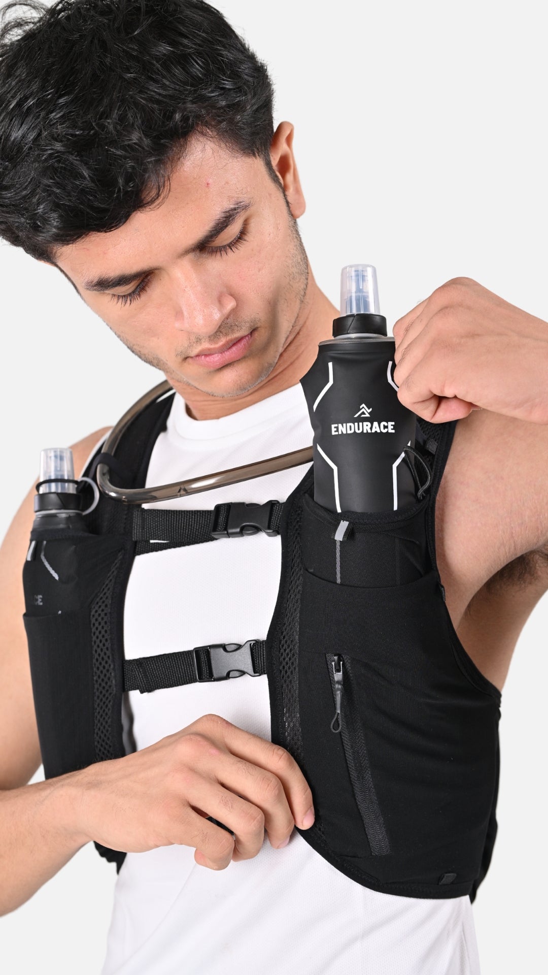 Unisex 8 Litres Black Hydration Vest (With 2x500ML Soft Flasks + 1x2L Reservoir)